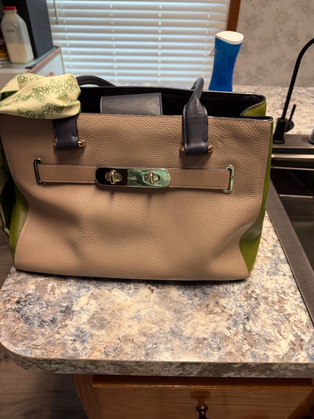 Coach Beige Leather Shoulder Bag with Navy Handles and Green Scarf - Picture 5 of 7